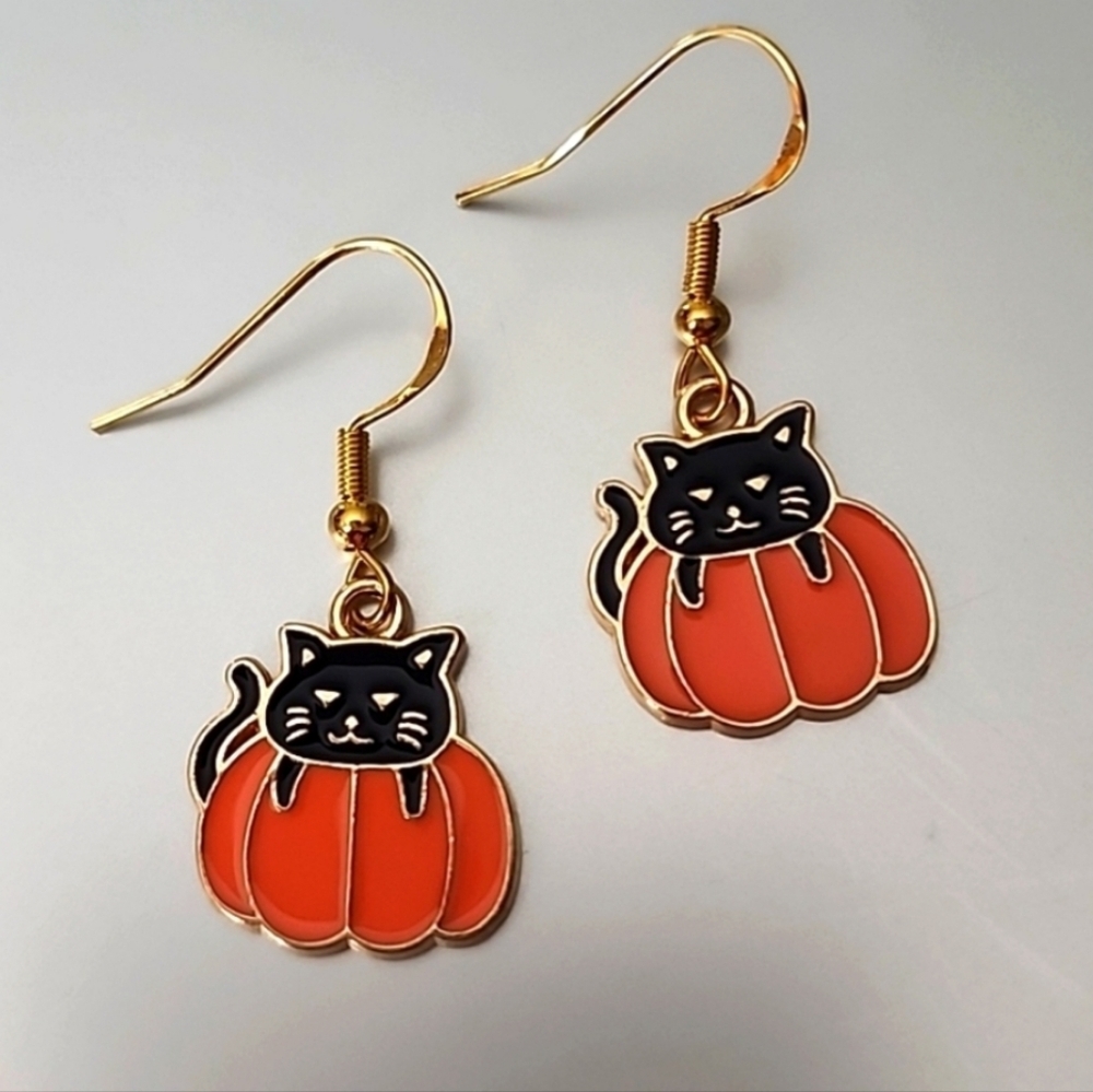 Spooky-Cute Black Cat Pumpkin Earrings